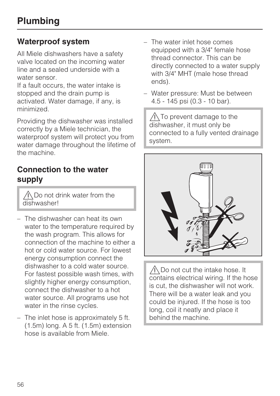 Plumbing 56, Waterproof system 56, Connection to the water supply 56 | Plumbing | Miele G2142 User Manual | Page 56 / 60