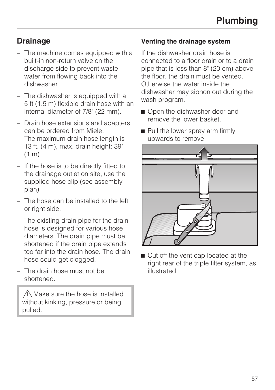 Drainage 57, Plumbing, Drainage | Miele G2142 User Manual | Page 57 / 60