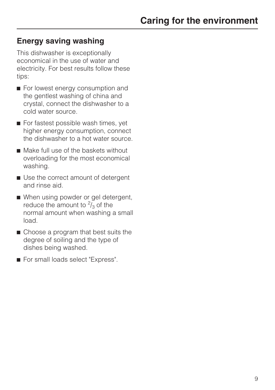 Caring for the environment 9, Caring for the environment, Energy saving washing | Miele G2142 User Manual | Page 9 / 60