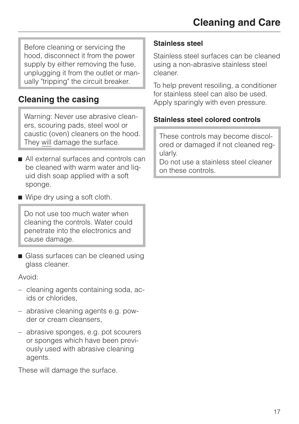 Cleaning and care 17, Cleaning the casing 17, Cleaning and care | Cleaning the casing | Miele DA279-3 User Manual | Page 17 / 36