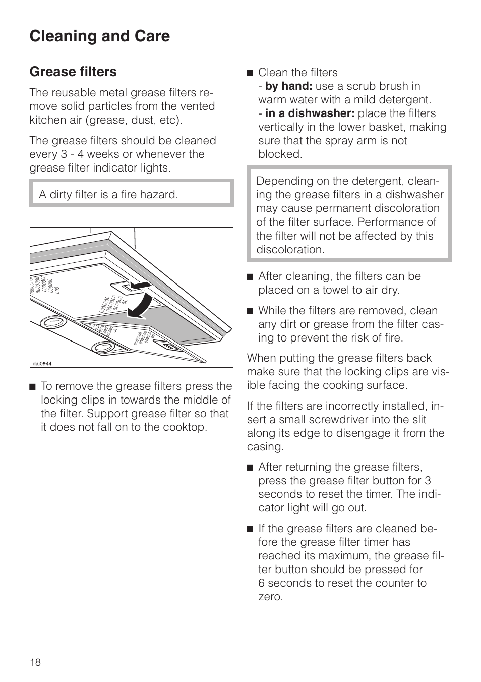 Grease filters 18, Grease filters, Cleaning and care | Miele DA279-3 User Manual | Page 18 / 36