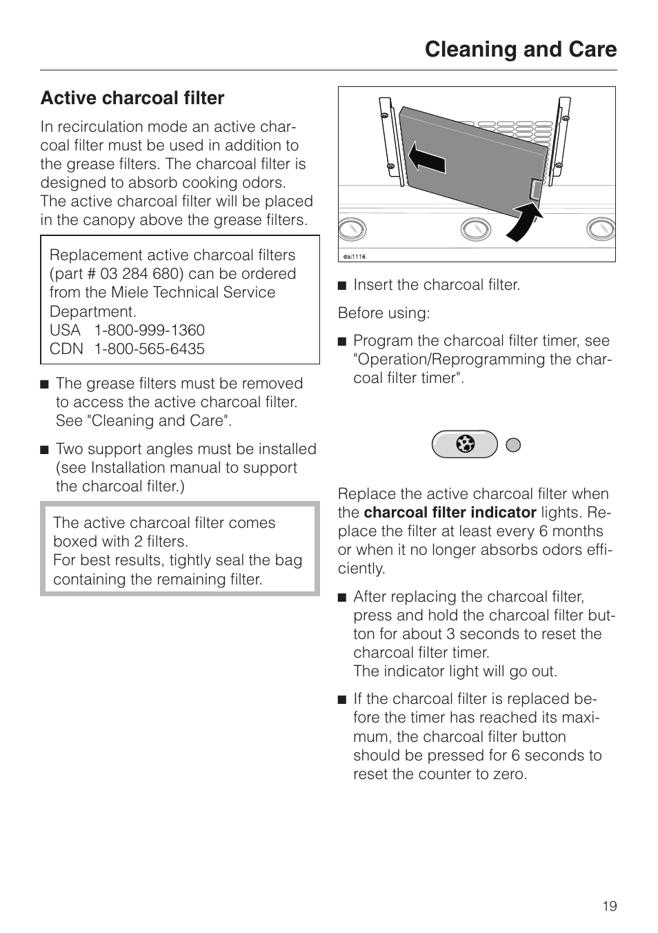 Active charcoal filter 19, Active charcoal filter, Cleaning and care | Miele DA279-3 User Manual | Page 19 / 36