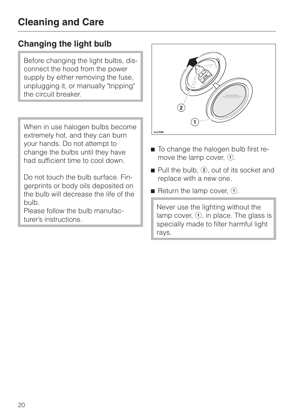 Changing the light bulb 20, Changing the light bulb, Cleaning and care | Miele DA279-3 User Manual | Page 20 / 36