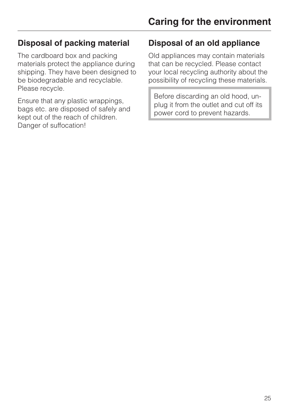 Caring for the environment 25, Caring for the environment | Miele DA279-3 User Manual | Page 25 / 36