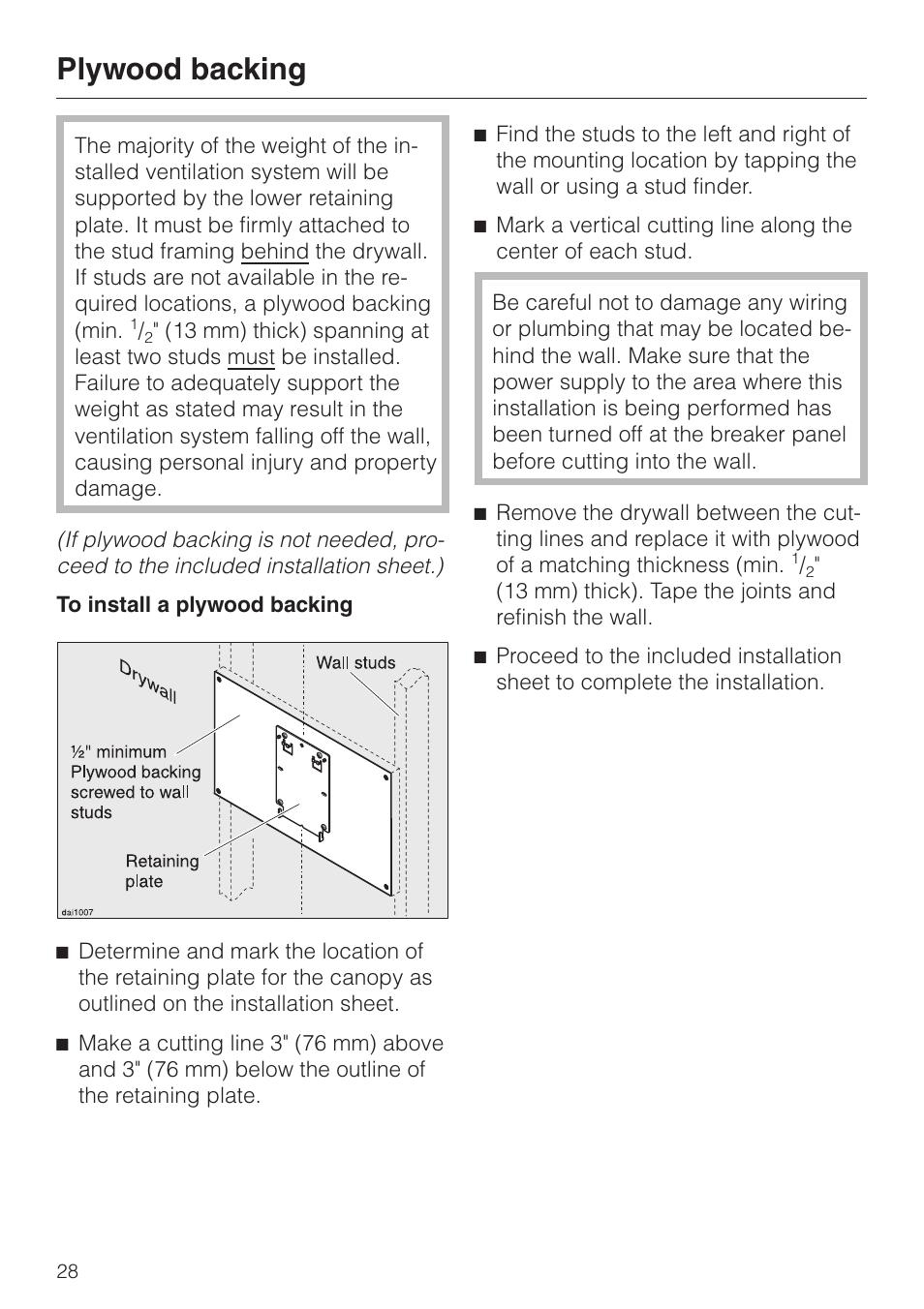 Plywood backing 28, Plywood backing | Miele DA279-3 User Manual | Page 28 / 36