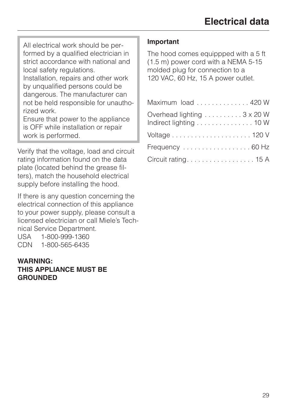 Electrical data 29, Electrical data | Miele DA279-3 User Manual | Page 29 / 36