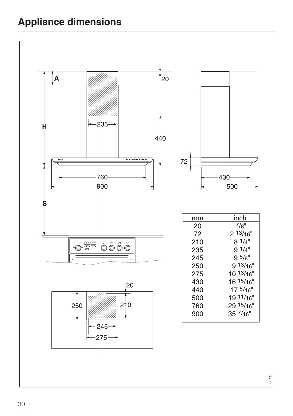 Appliance dimensions 30, Appliance dimensions | Miele DA279-3 User Manual | Page 30 / 36