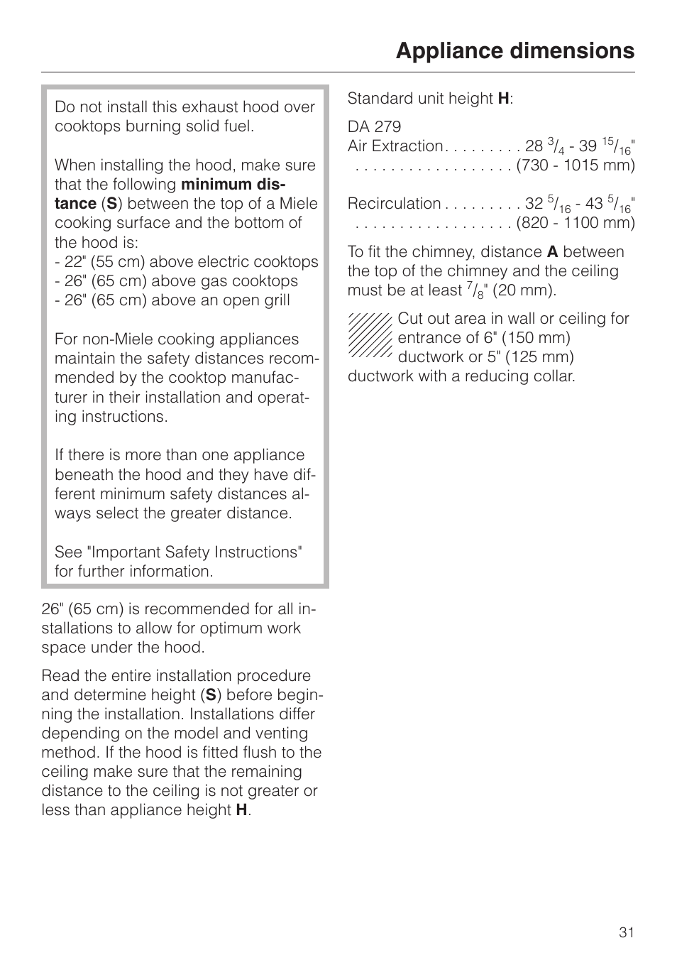 Appliance dimensions | Miele DA279-3 User Manual | Page 31 / 36