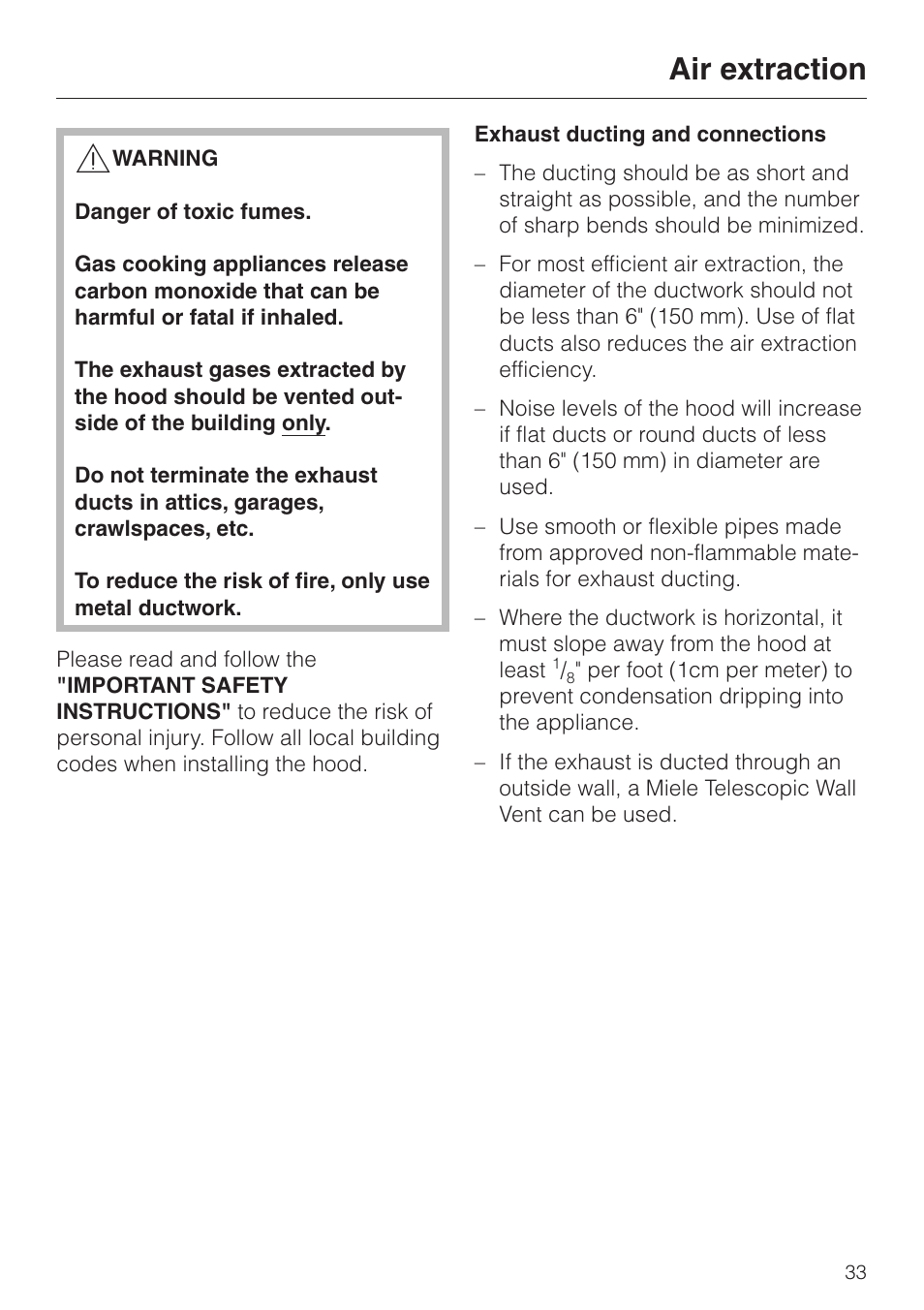 Air extraction 33, Air extraction | Miele DA279-3 User Manual | Page 33 / 36