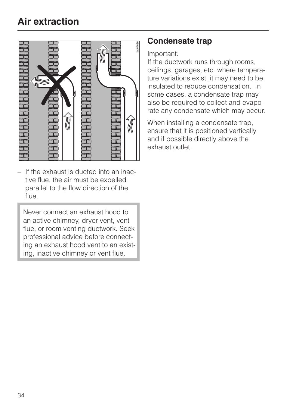 Condensate trap 34, Condensate trap, Air extraction | Miele DA279-3 User Manual | Page 34 / 36