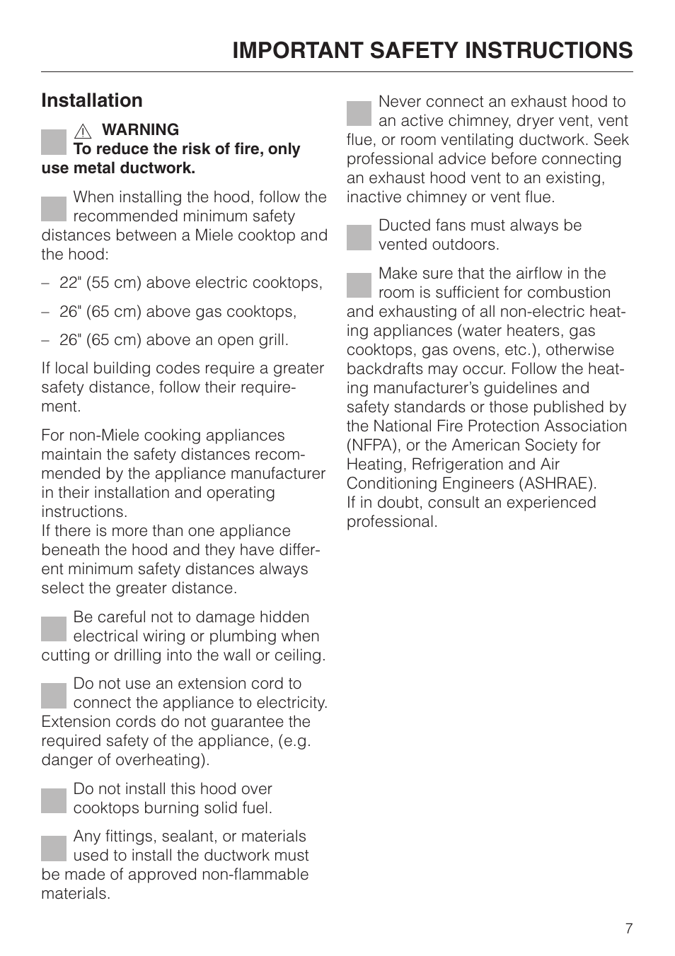 Important safety instructions, Installation | Miele DA279-3 User Manual | Page 7 / 36