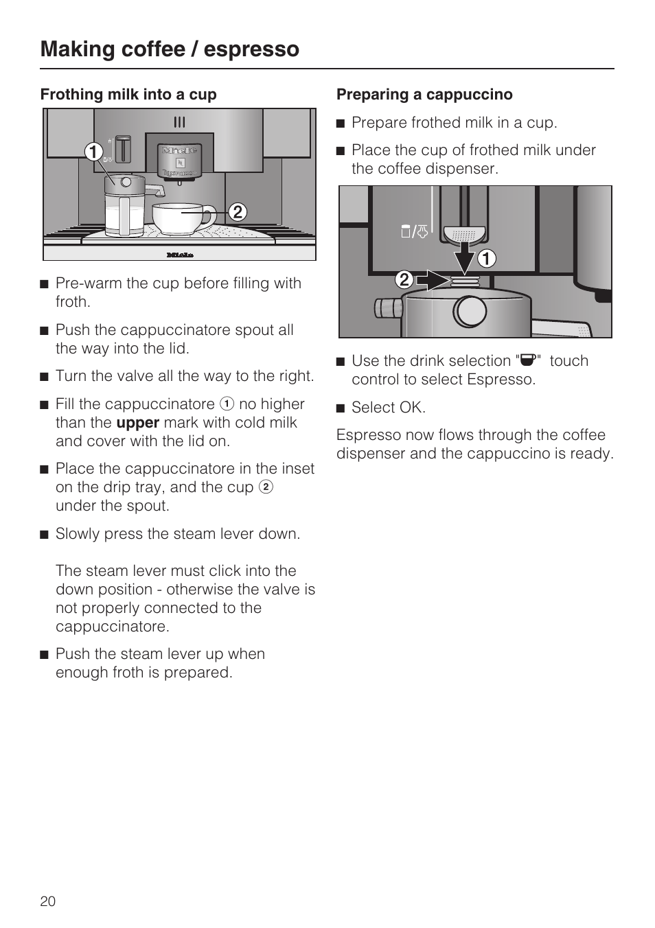 Making coffee / espresso | Miele CVA 2662 User Manual | Page 20 / 72