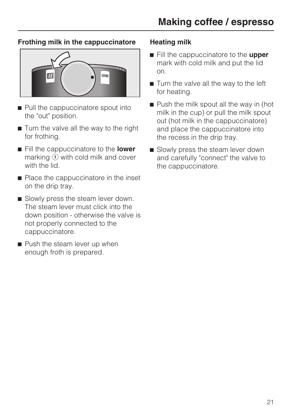 Making coffee / espresso | Miele CVA 2662 User Manual | Page 21 / 72