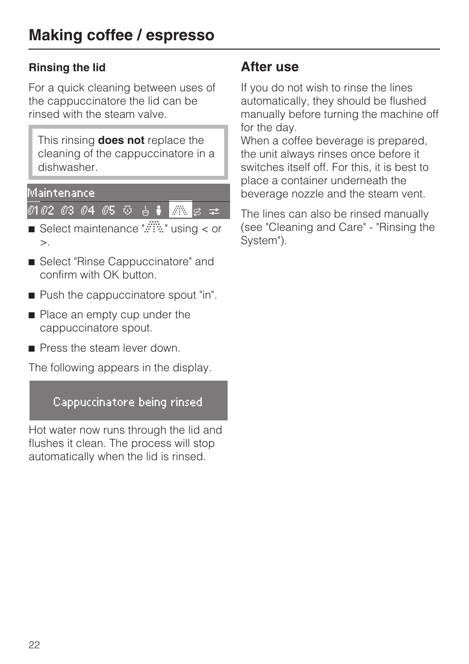 After use 22, Making coffee / espresso, After use | Miele CVA 2662 User Manual | Page 22 / 72