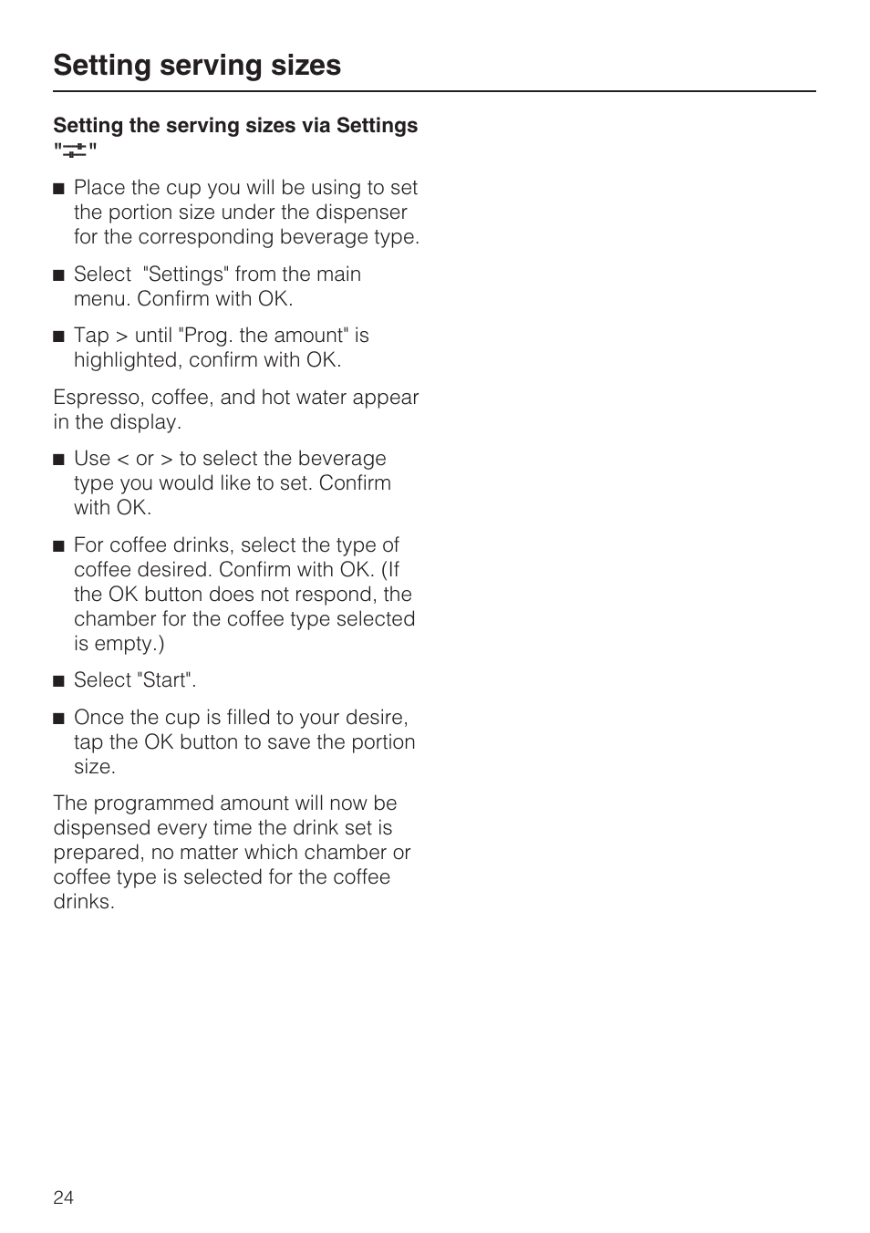 Setting serving sizes | Miele CVA 2662 User Manual | Page 24 / 72