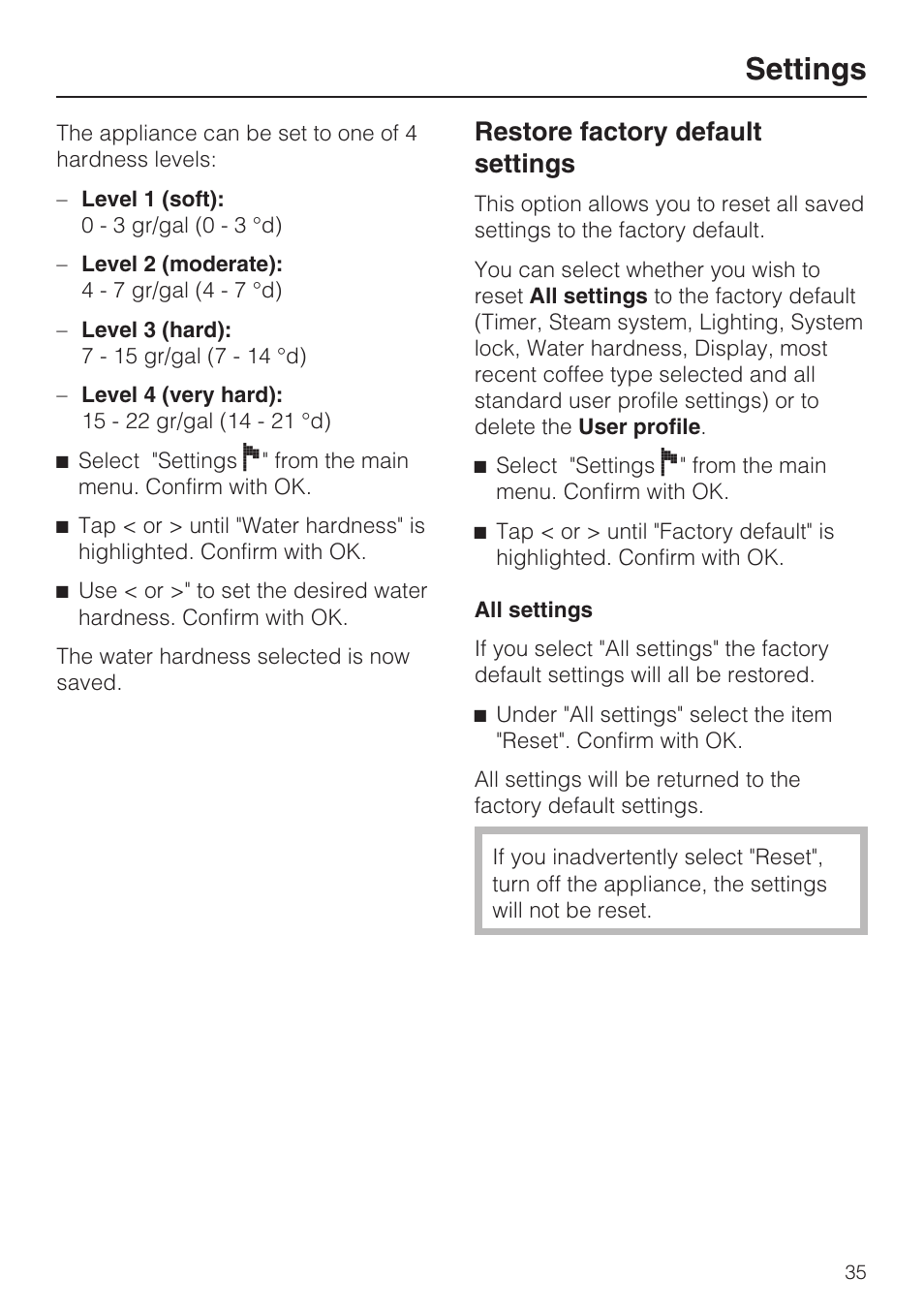 Restore factory default settings 35, Settings, Restore factory default settings | Miele CVA 2662 User Manual | Page 35 / 72