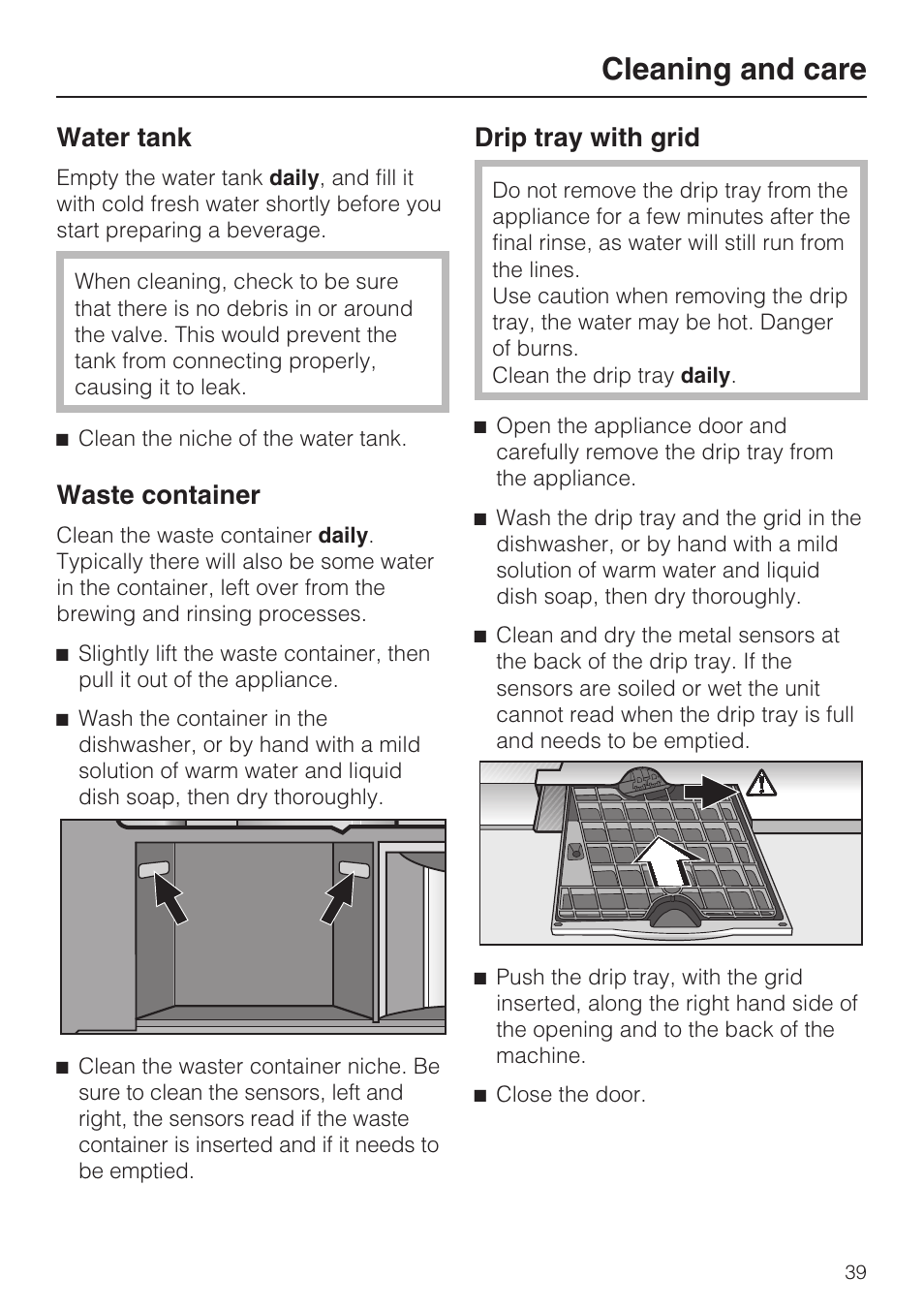 Cleaning and care, Water tank, Waste container | Drip tray with grid | Miele CVA 2662 User Manual | Page 39 / 72