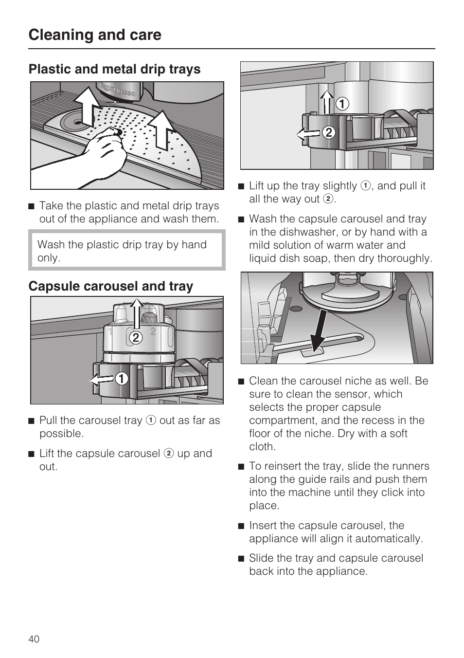 Cleaning and care, Plastic and metal drip trays, Capsule carousel and tray | Miele CVA 2662 User Manual | Page 40 / 72