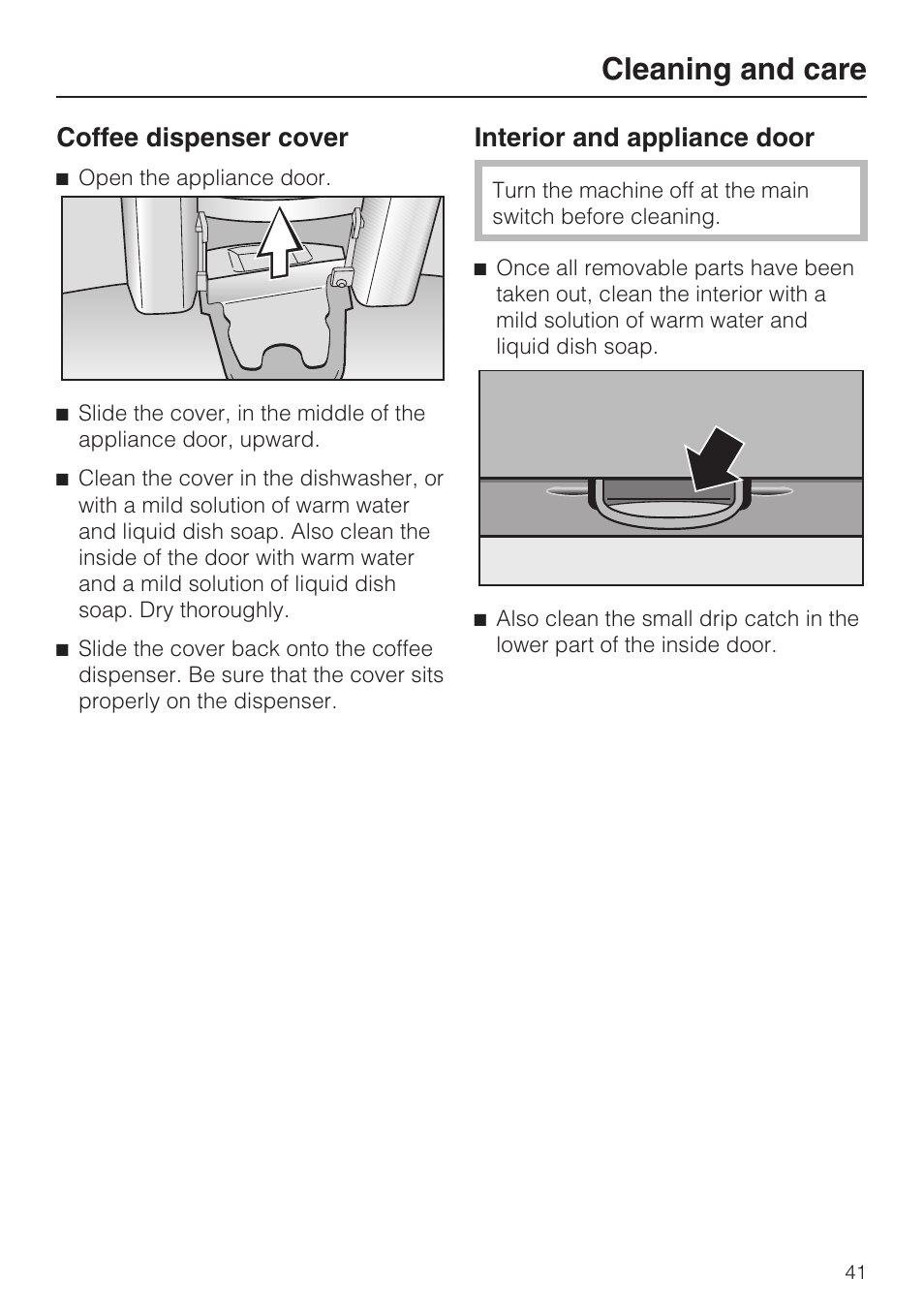 Cleaning and care, Coffee dispenser cover, Interior and appliance door | Miele CVA 2662 User Manual | Page 41 / 72