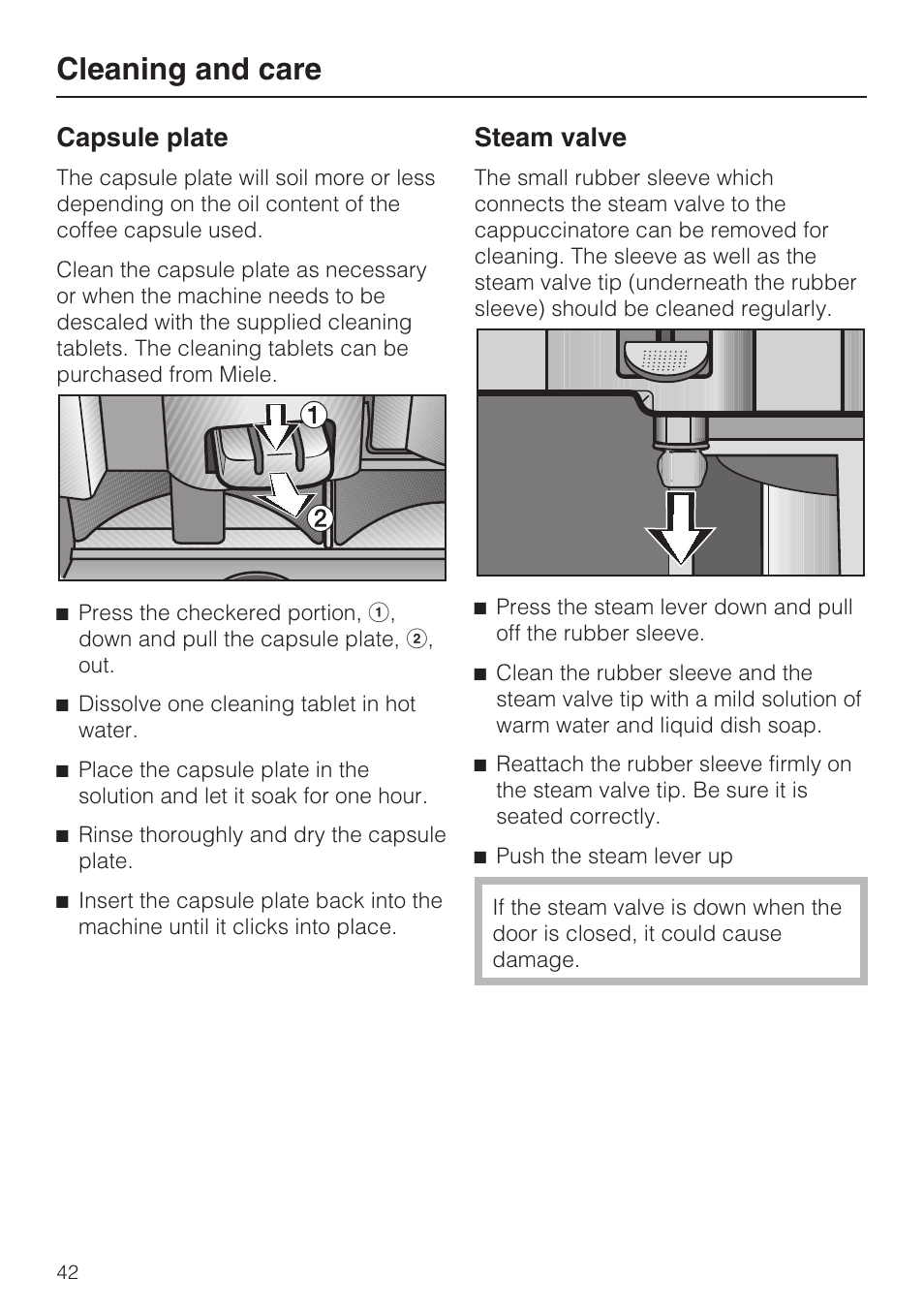 Cleaning and care, Capsule plate, Steam valve | Miele CVA 2662 User Manual | Page 42 / 72