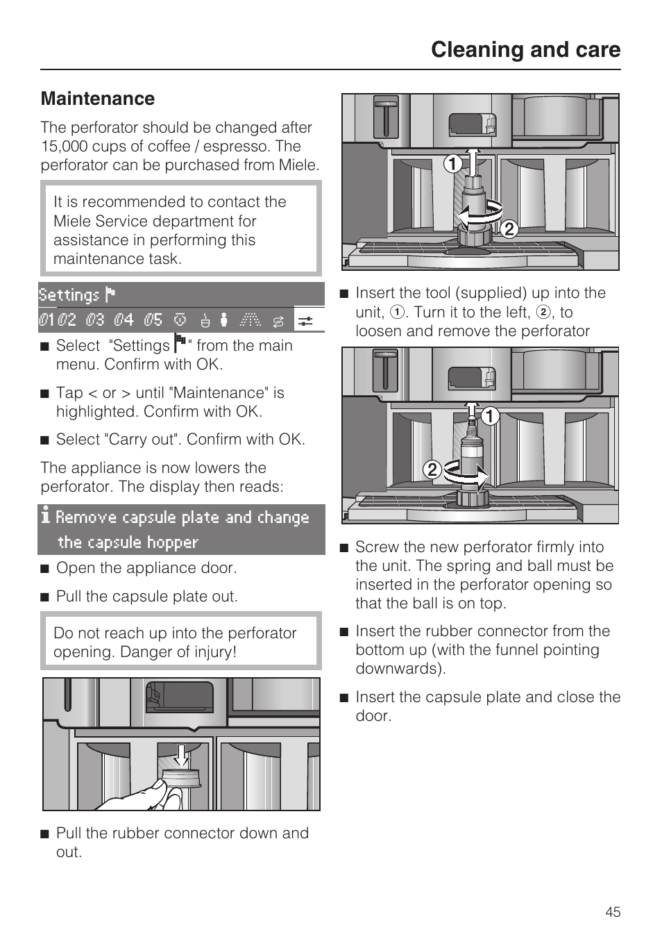 Cleaning and care, Maintenance | Miele CVA 2662 User Manual | Page 45 / 72