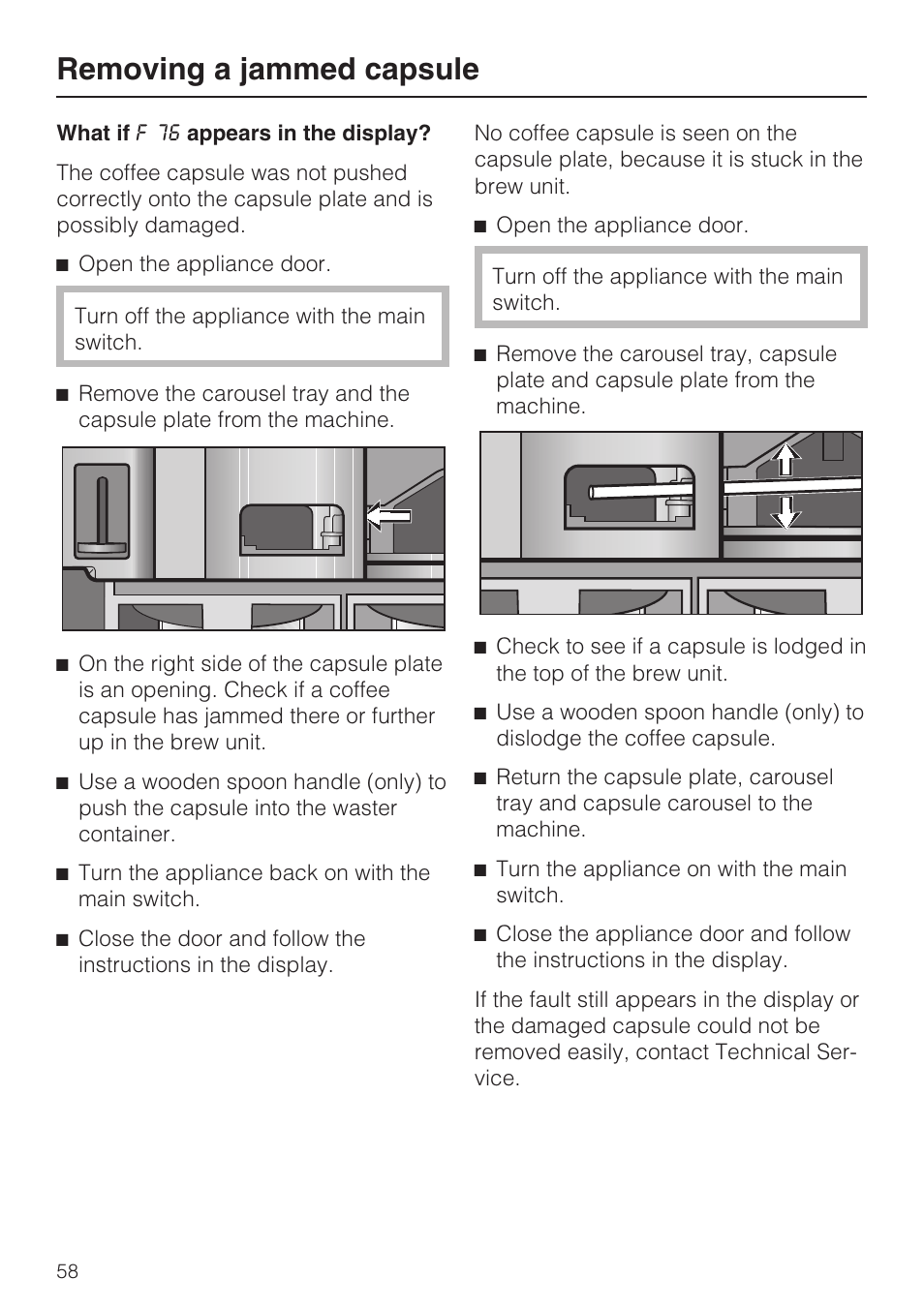 Removing a jammed capsule | Miele CVA 2662 User Manual | Page 58 / 72