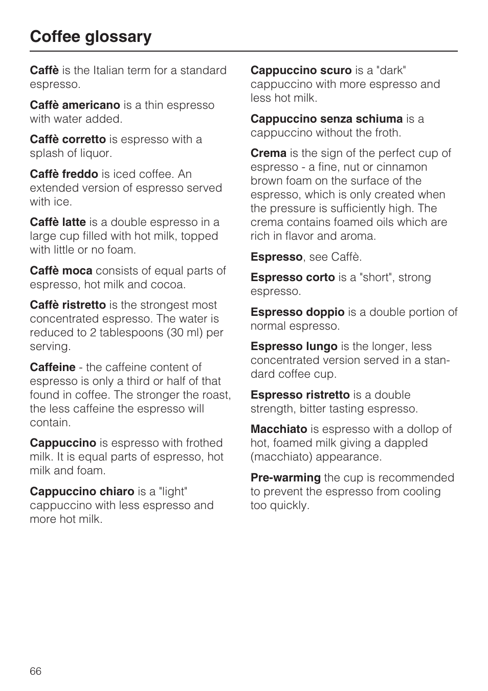 Coffee glossary 66, Coffee glossary | Miele CVA 2662 User Manual | Page 66 / 72