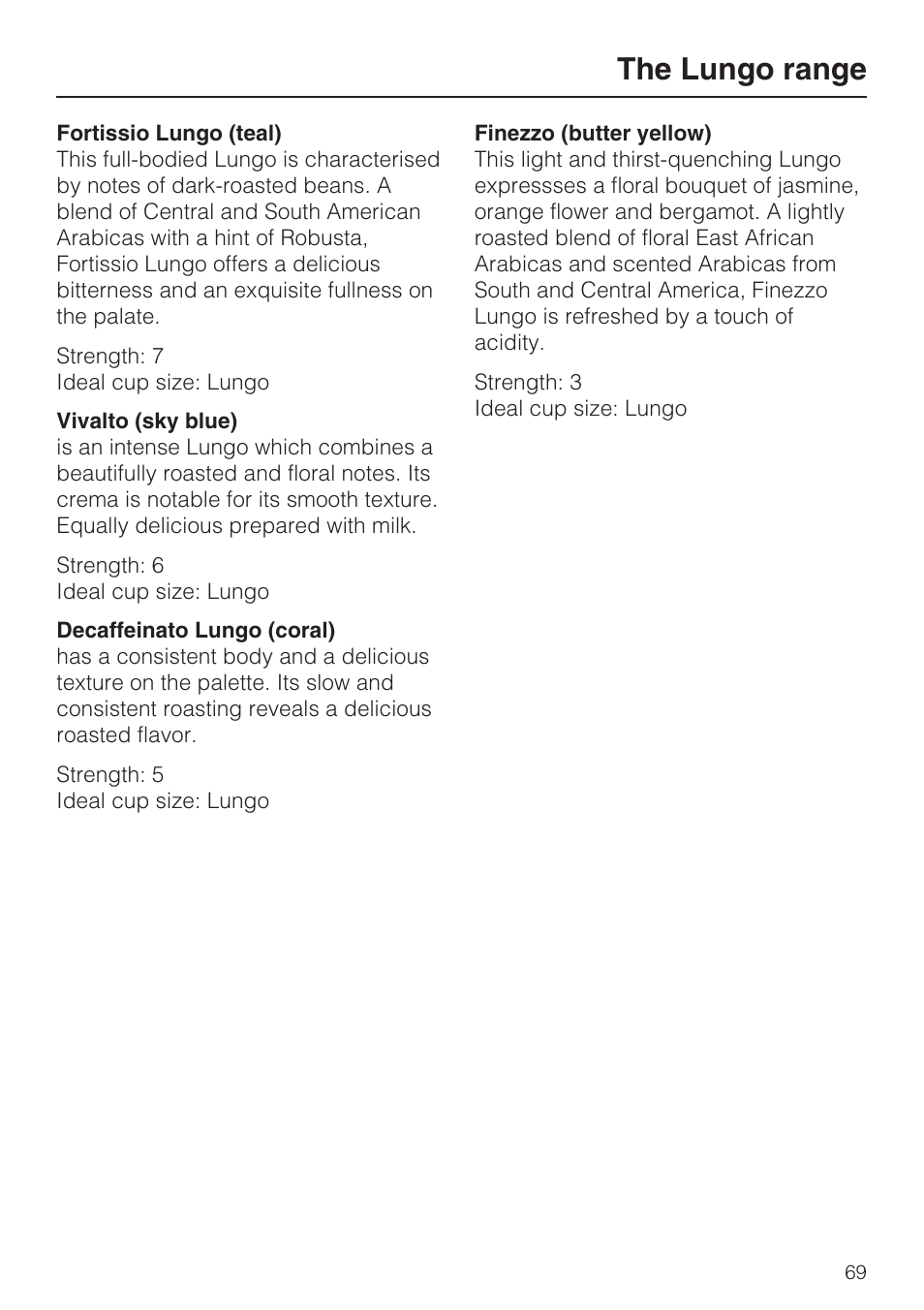 The lungo range 69, The lungo range | Miele CVA 2662 User Manual | Page 69 / 72