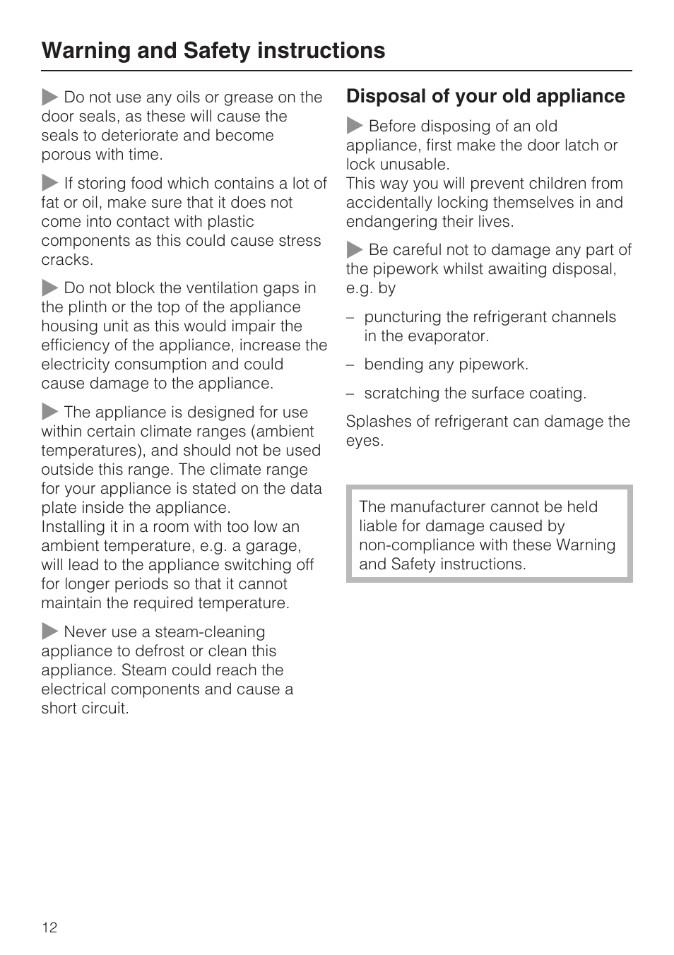 Warning and safety instructions | Miele K 9412 I  EN User Manual | Page 12 / 48