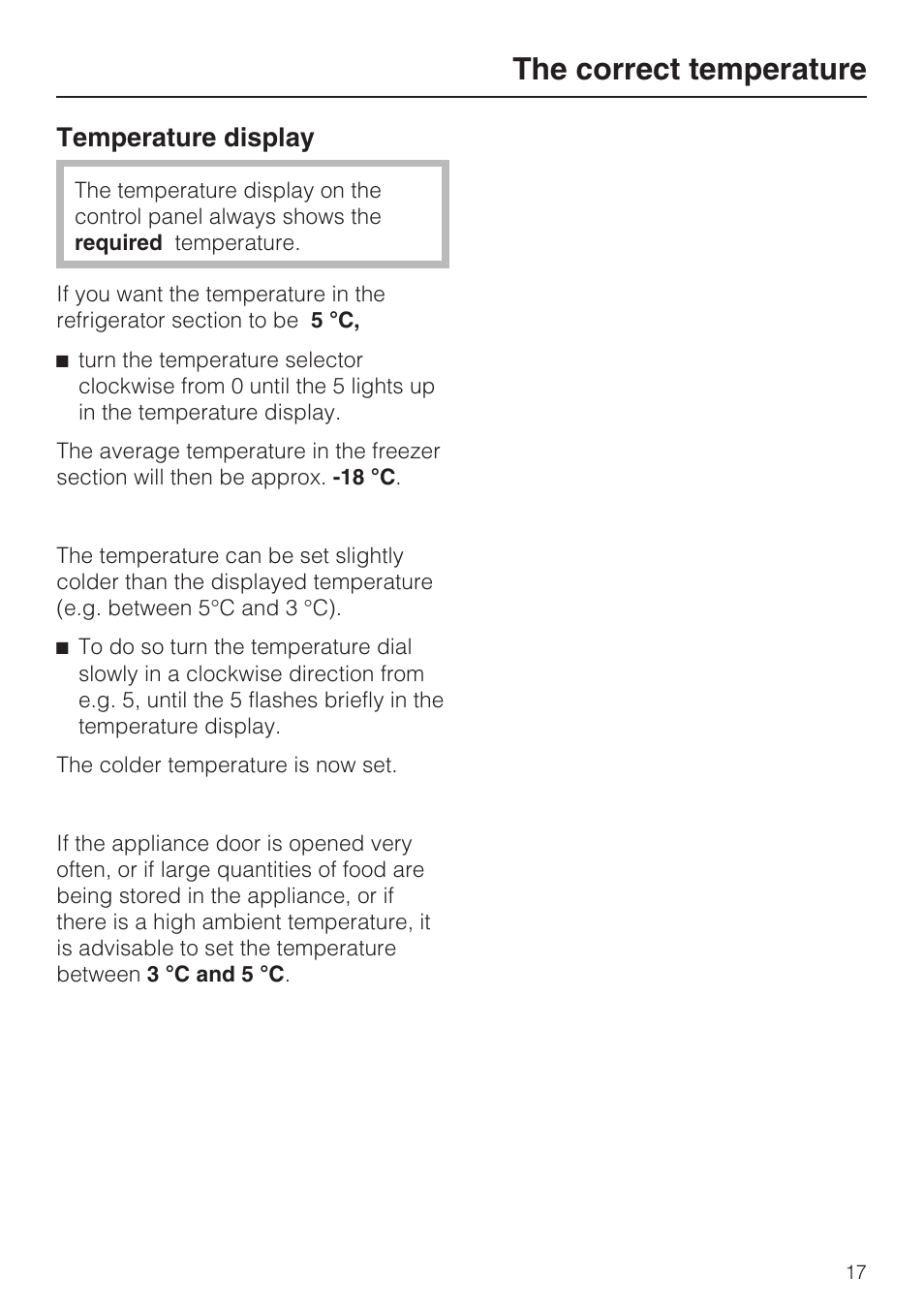 Temperature display 17, The correct temperature, Temperature display | Miele K 9412 I  EN User Manual | Page 17 / 48