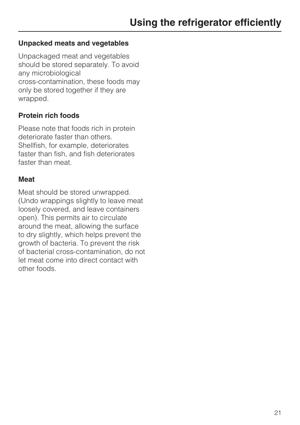 Unpacked meats and vegetables 21, Protein rich foods 21, Meat 21 | Using the refrigerator efficiently | Miele K 9412 I  EN User Manual | Page 21 / 48