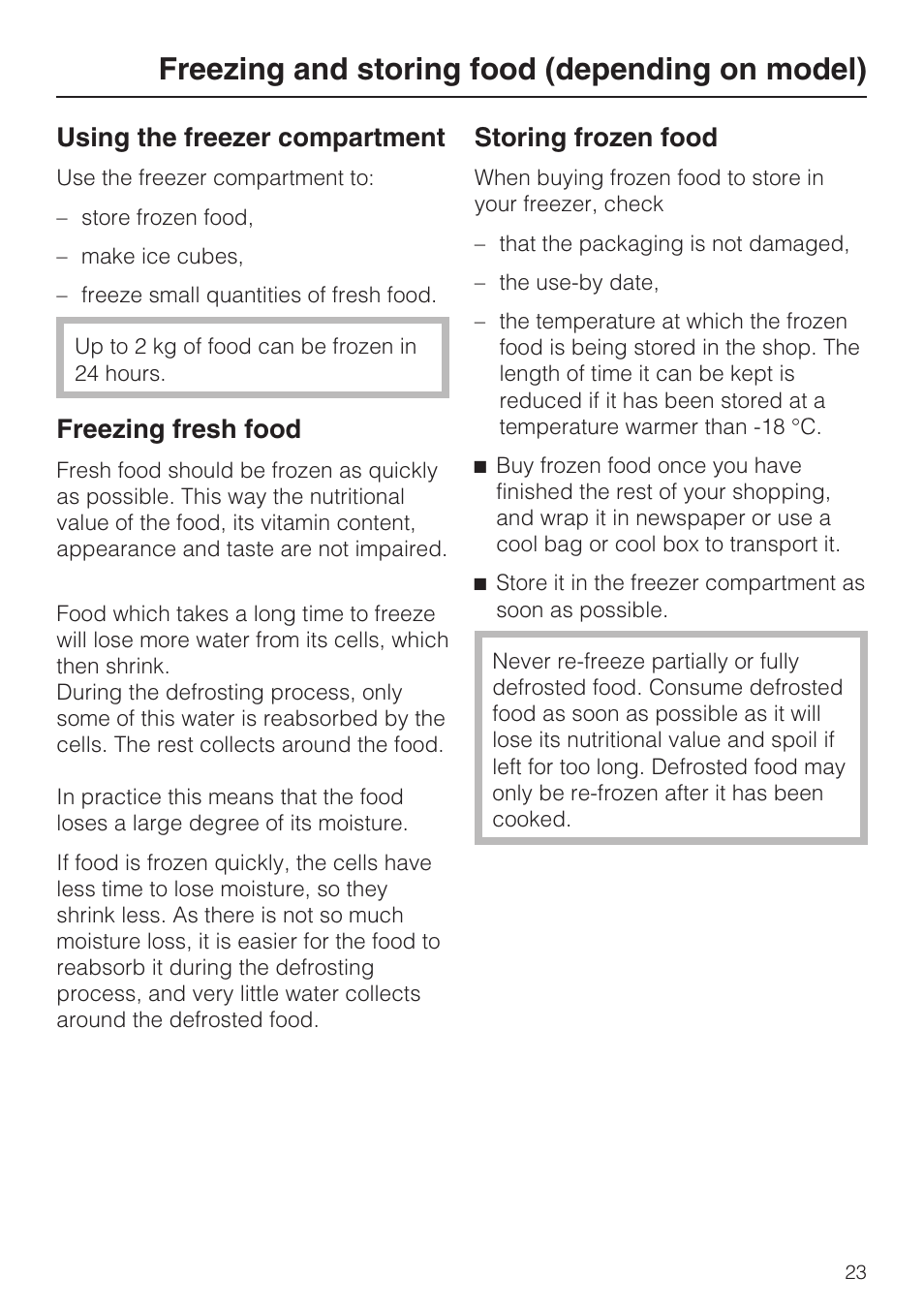 Freezing and storing food (depending on model) 23, Freezing fresh food 23, Storing frozen food 23 | Freezing and storing food (depending on model), Using the freezer compartment, Freezing fresh food, Storing frozen food | Miele K 9412 I  EN User Manual | Page 23 / 48