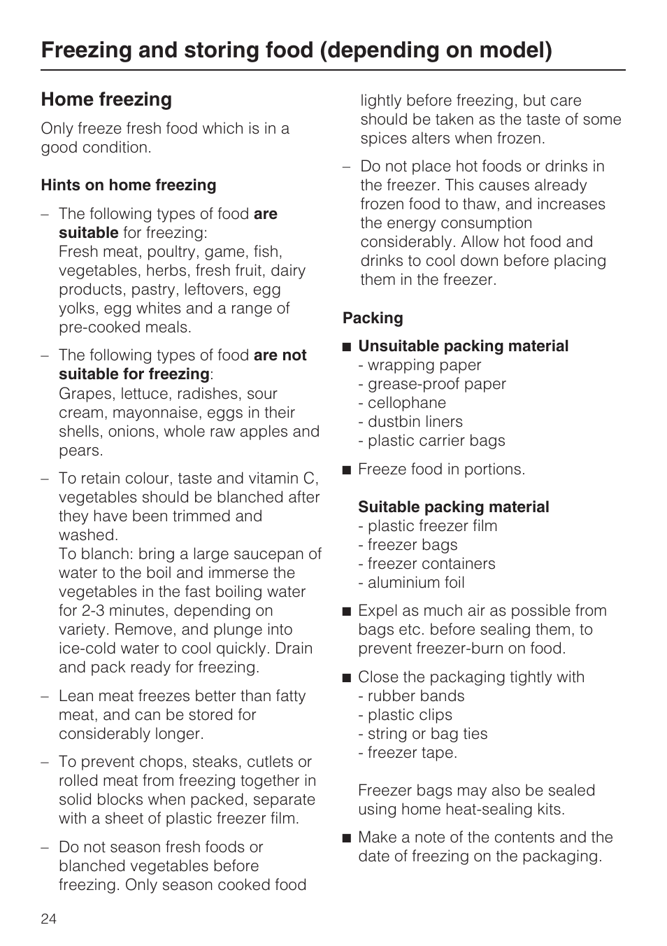 Home freezing 24, Hints on home freezing 24, Packing 24 | Freezing and storing food (depending on model), Home freezing | Miele K 9412 I  EN User Manual | Page 24 / 48