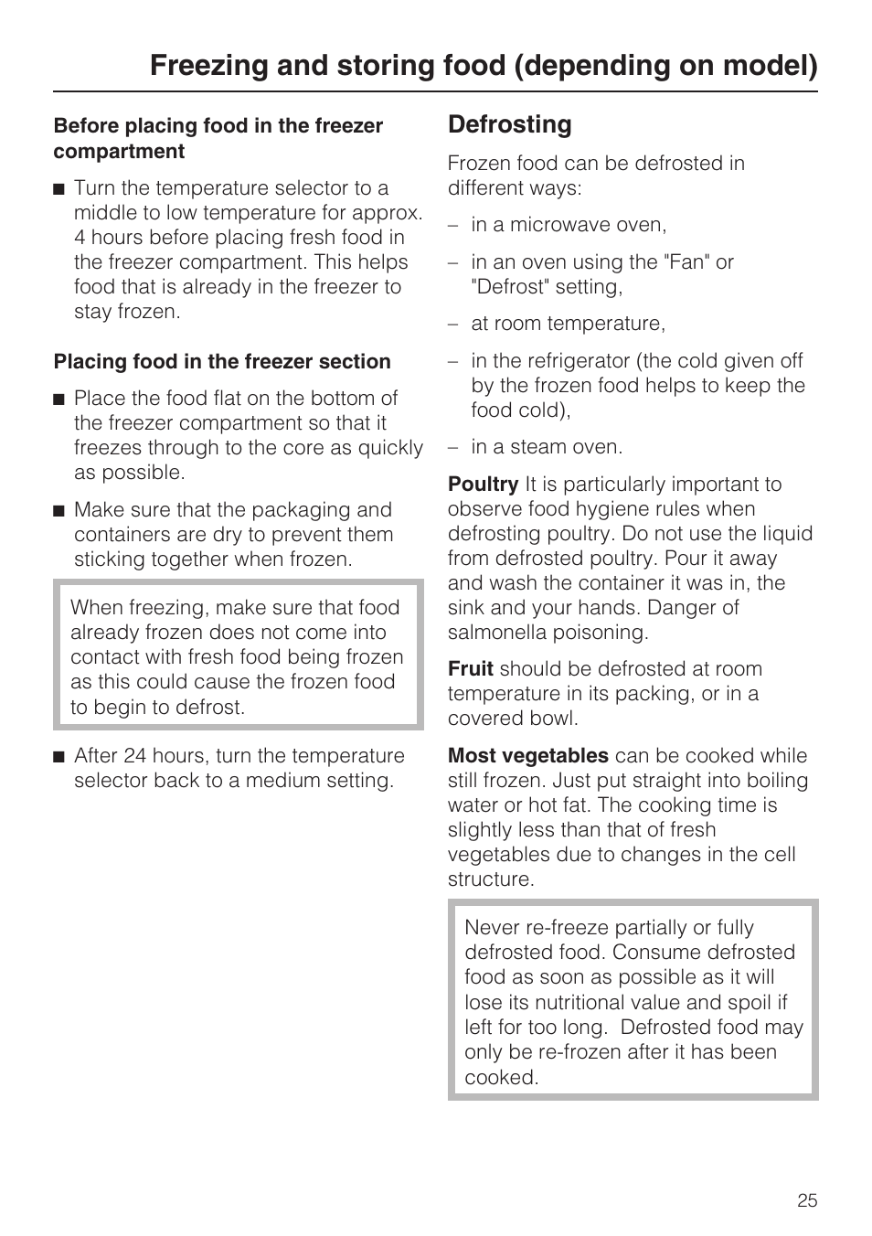 Before placing food in the freezer compartment 25, Placing food in the freezer section 25, Defrosting 25 | Freezing and storing food (depending on model), Defrosting | Miele K 9412 I  EN User Manual | Page 25 / 48