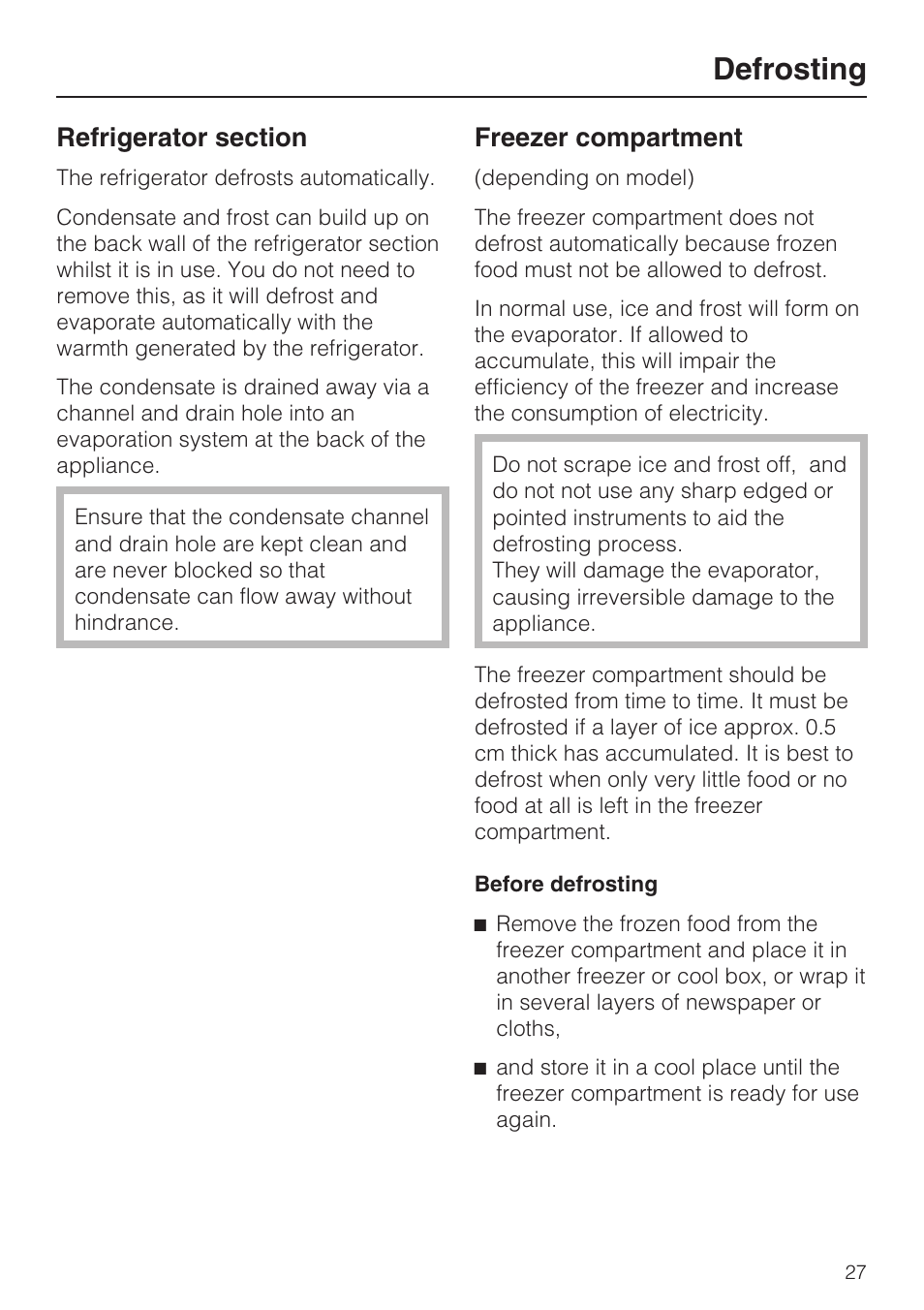 Defrosting 27, Refrigerator section 27, Freezer compartment 27 | Defrosting, Freezer compartment | Miele K 9412 I  EN User Manual | Page 27 / 48