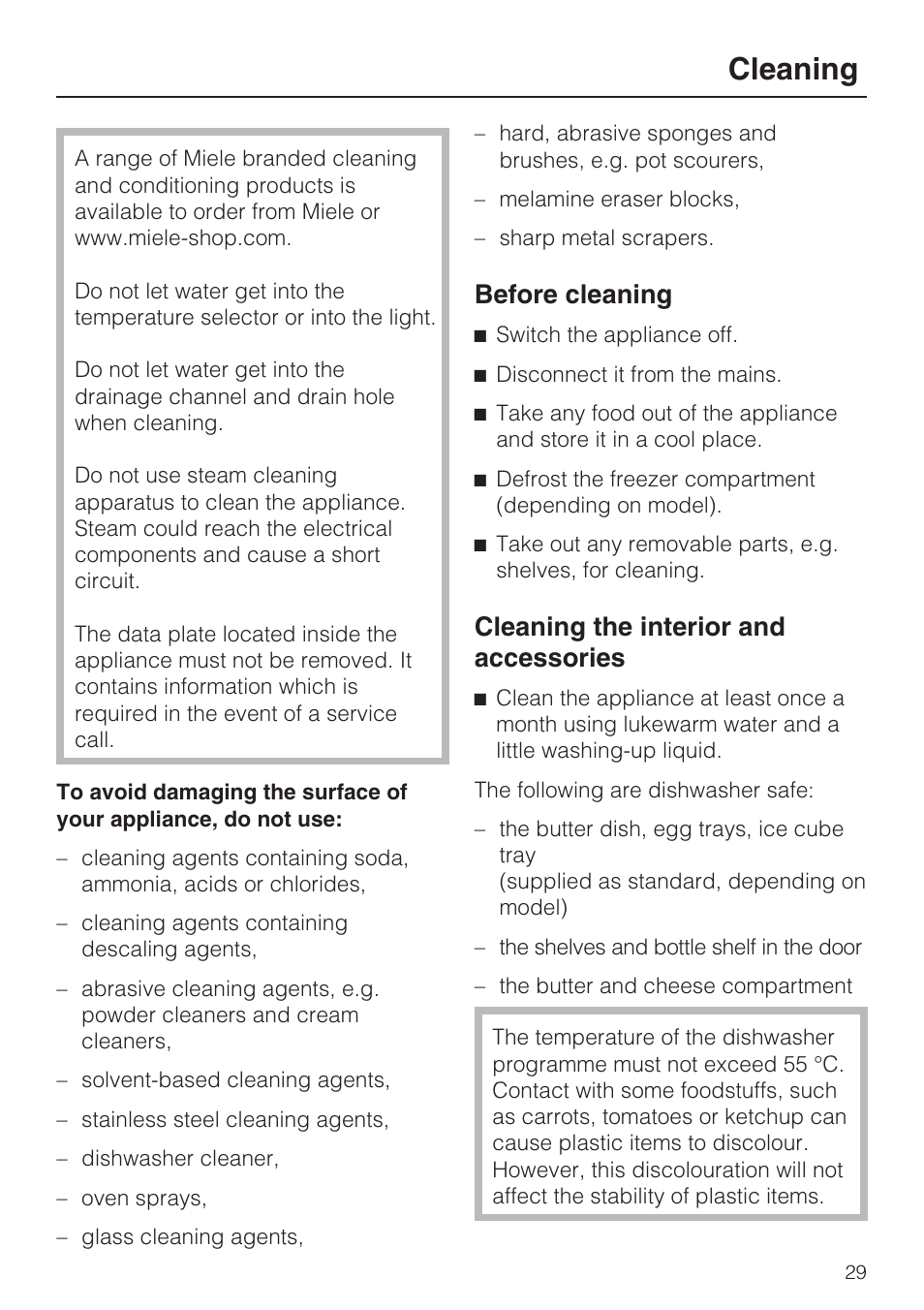 Cleaning 29, Cleaning the interior and accessories 29, Cleaning | Before cleaning, Cleaning the interior and accessories | Miele K 9412 I  EN User Manual | Page 29 / 48