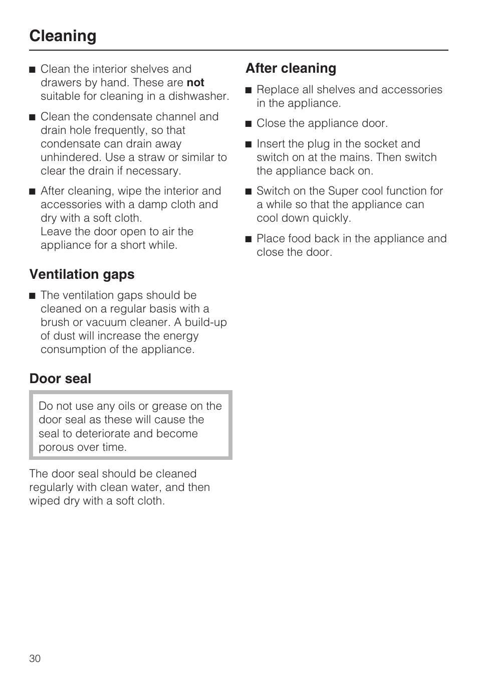 Ventilation gaps 30, Door seal 30, Cleaning | Ventilation gaps, Door seal, After cleaning | Miele K 9412 I  EN User Manual | Page 30 / 48