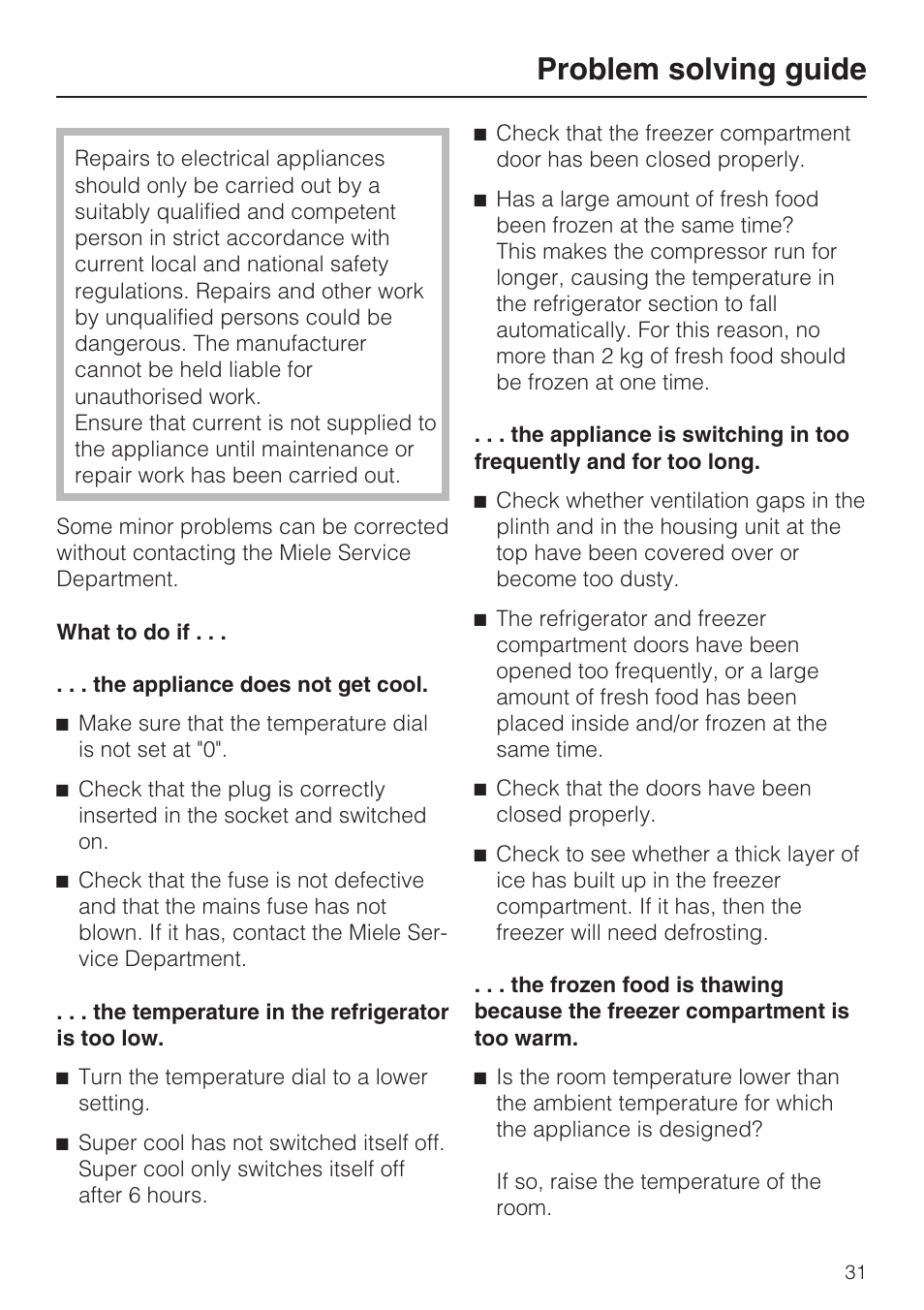 Problem solving guide 31, Problem solving guide | Miele K 9412 I  EN User Manual | Page 31 / 48