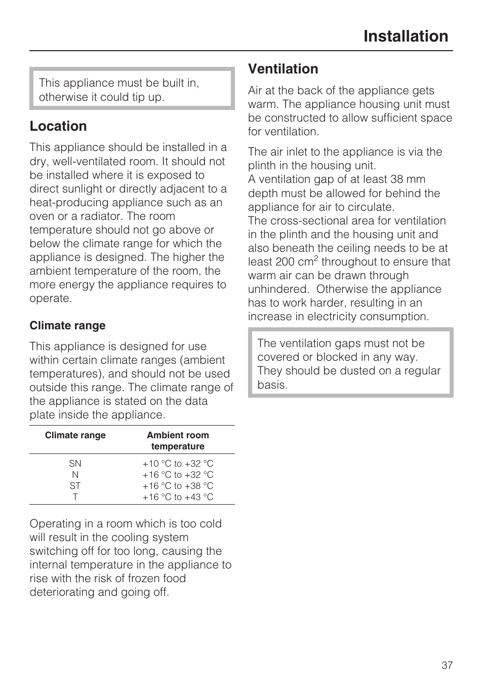 Installation 37, Location 37, Climate range 37 | Ventilation 37, Installation, Location, Ventilation | Miele K 9412 I  EN User Manual | Page 37 / 48
