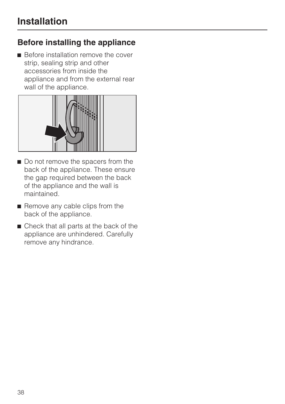 Before installing the appliance 38, Installation, Before installing the appliance | Miele K 9412 I  EN User Manual | Page 38 / 48