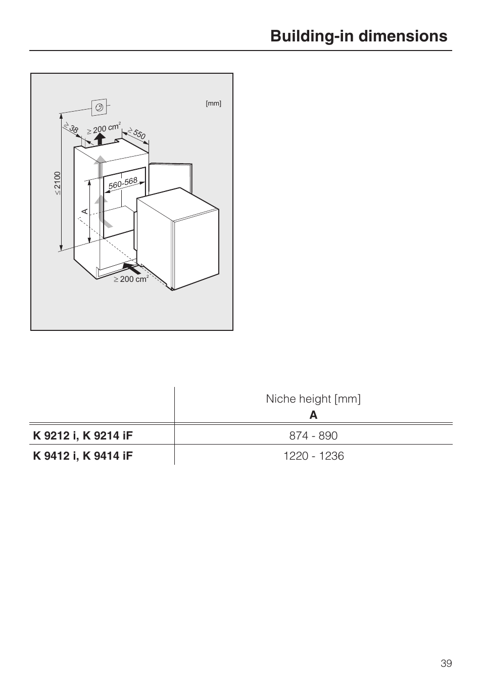 Building-in dimensions 39, Building-in dimensions | Miele K 9412 I  EN User Manual | Page 39 / 48