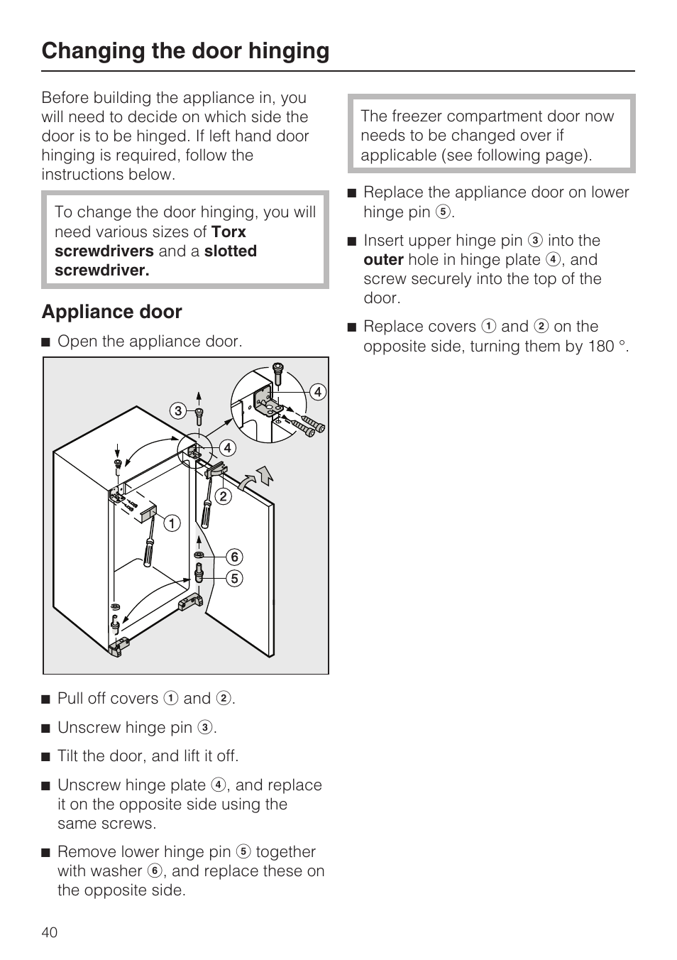 Changing the door hinging 40, Appliance door 40, Changing the door hinging | Appliance door | Miele K 9412 I  EN User Manual | Page 40 / 48