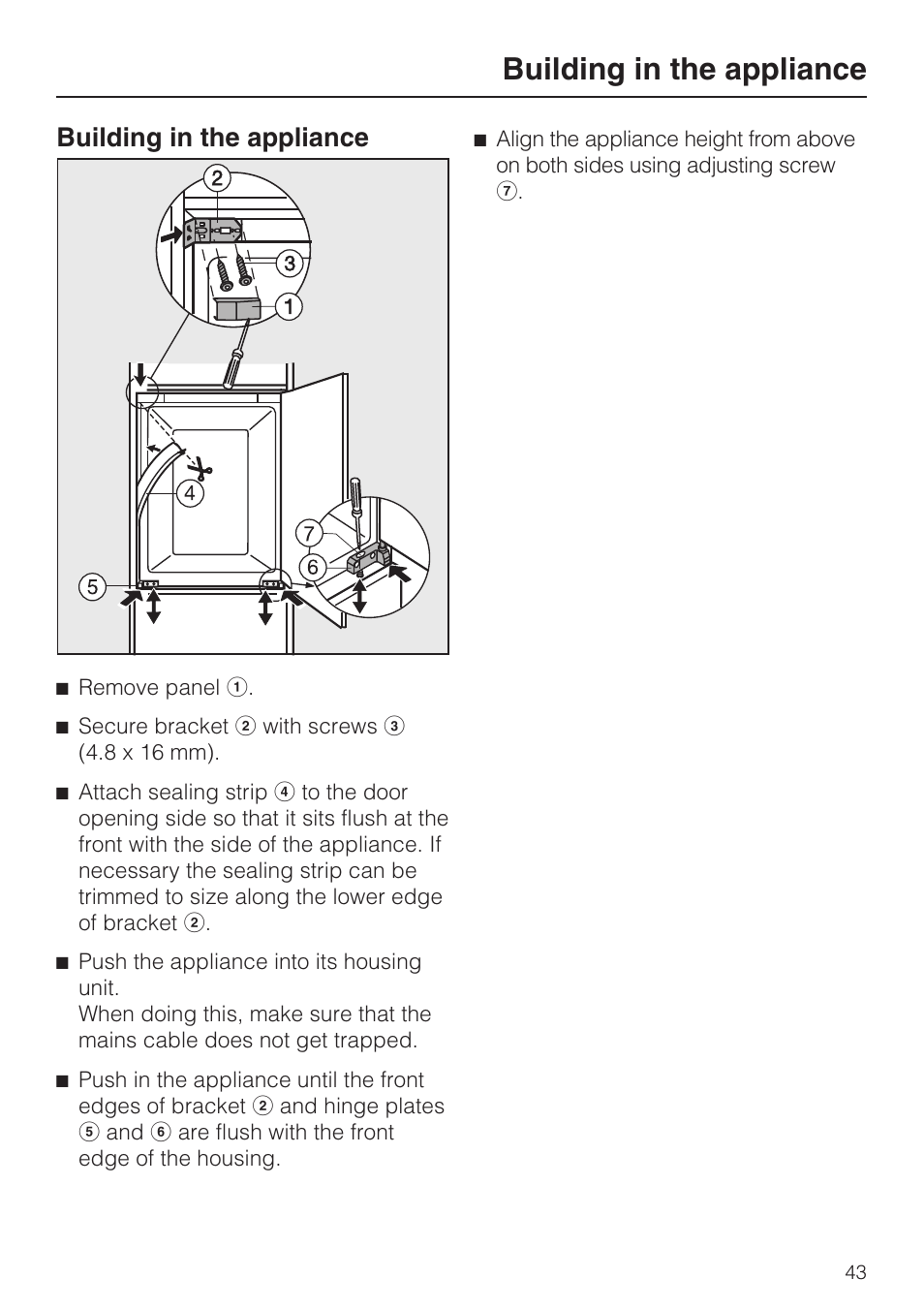 Building in the appliance 43, Building in the appliance | Miele K 9412 I  EN User Manual | Page 43 / 48