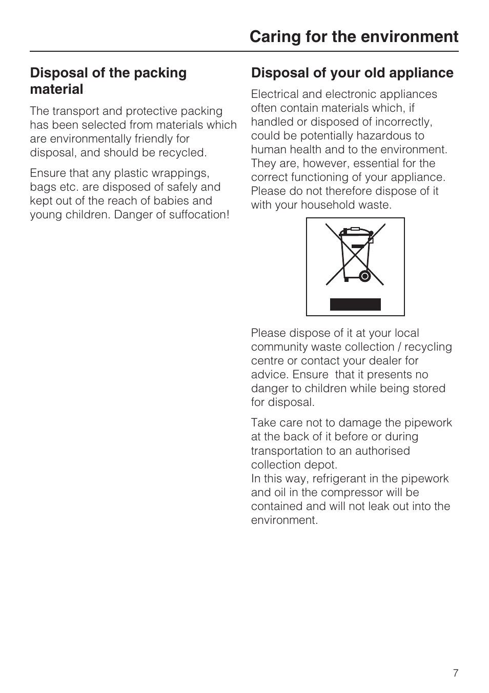 Caring for the environment 7, Caring for the environment | Miele K 9412 I  EN User Manual | Page 7 / 48