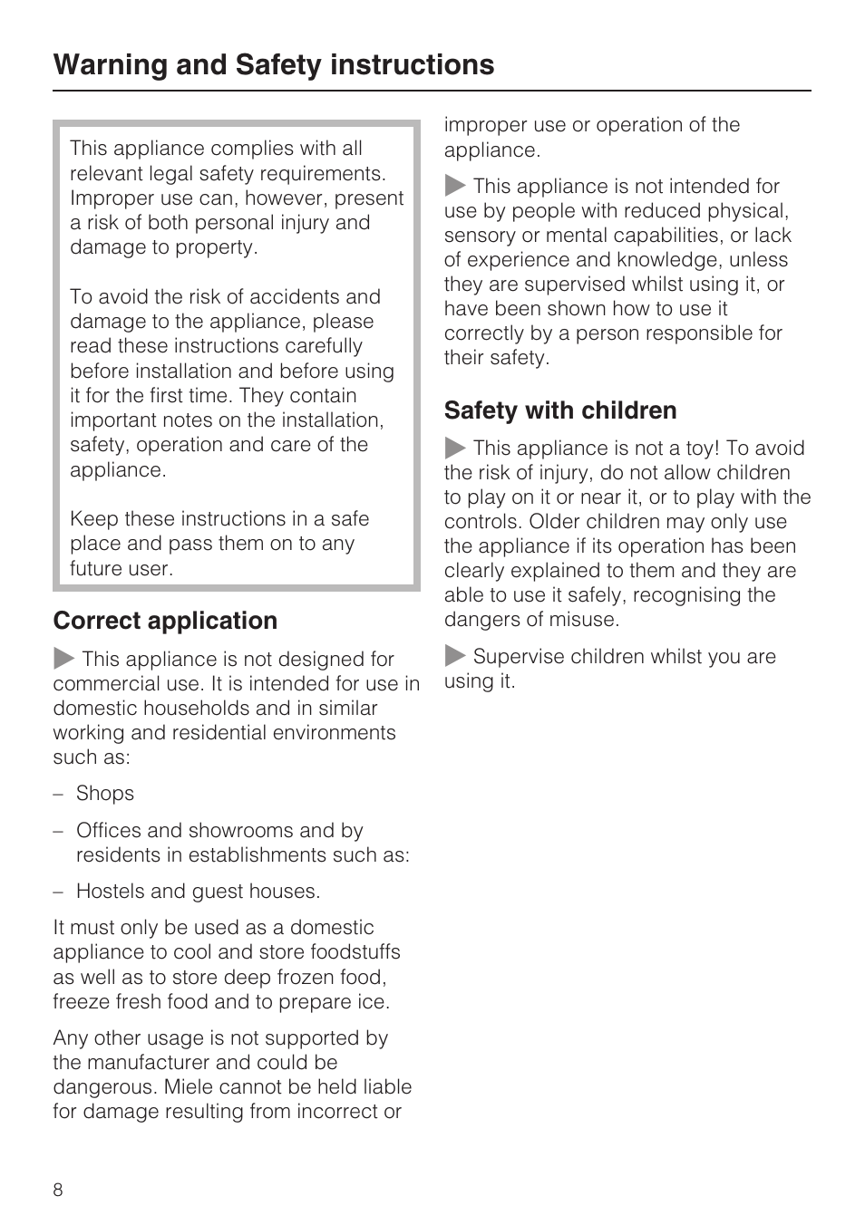 Warning and safety instructions 8, Warning and safety instructions | Miele K 9412 I  EN User Manual | Page 8 / 48