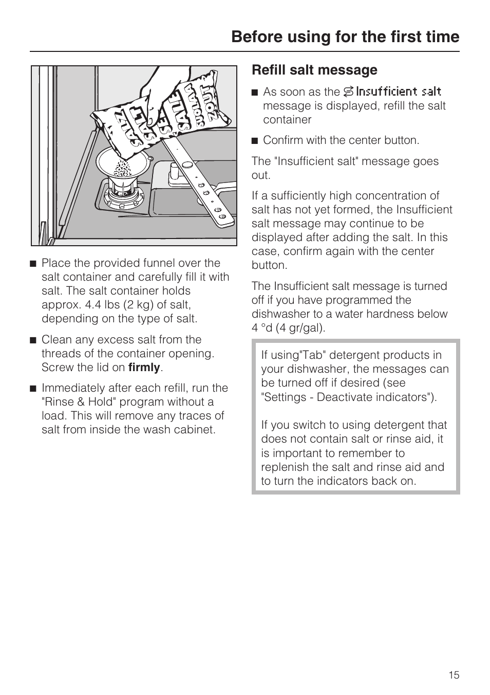 Refill salt message 15, Before using for the first time, Refill salt message | Miele G 5775 User Manual | Page 15 / 72