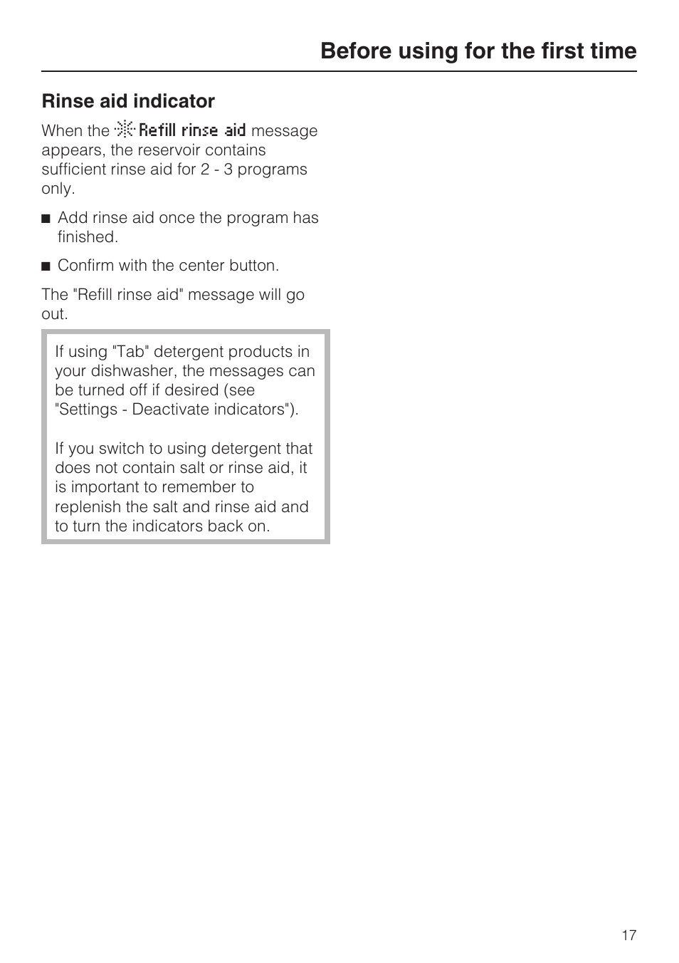 Rinse aid indicator 17, Before using for the first time, Rinse aid indicator | Miele G 5775 User Manual | Page 17 / 72