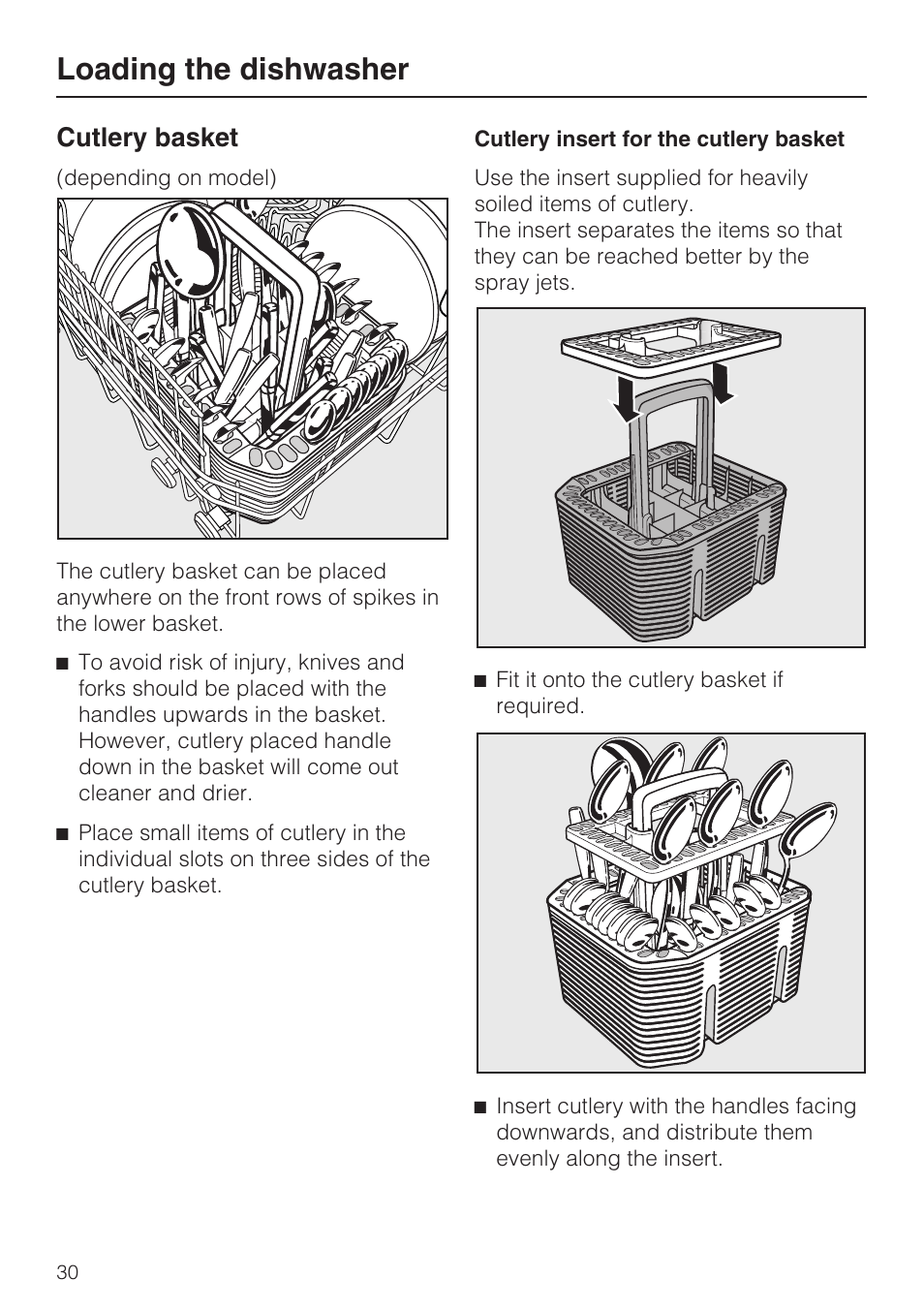 Loading the dishwasher, Cutlery basket | Miele G 5775 User Manual | Page 30 / 72