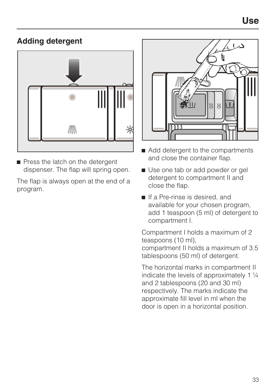 Adding detergent 33, Adding detergent | Miele G 5775 User Manual | Page 33 / 72