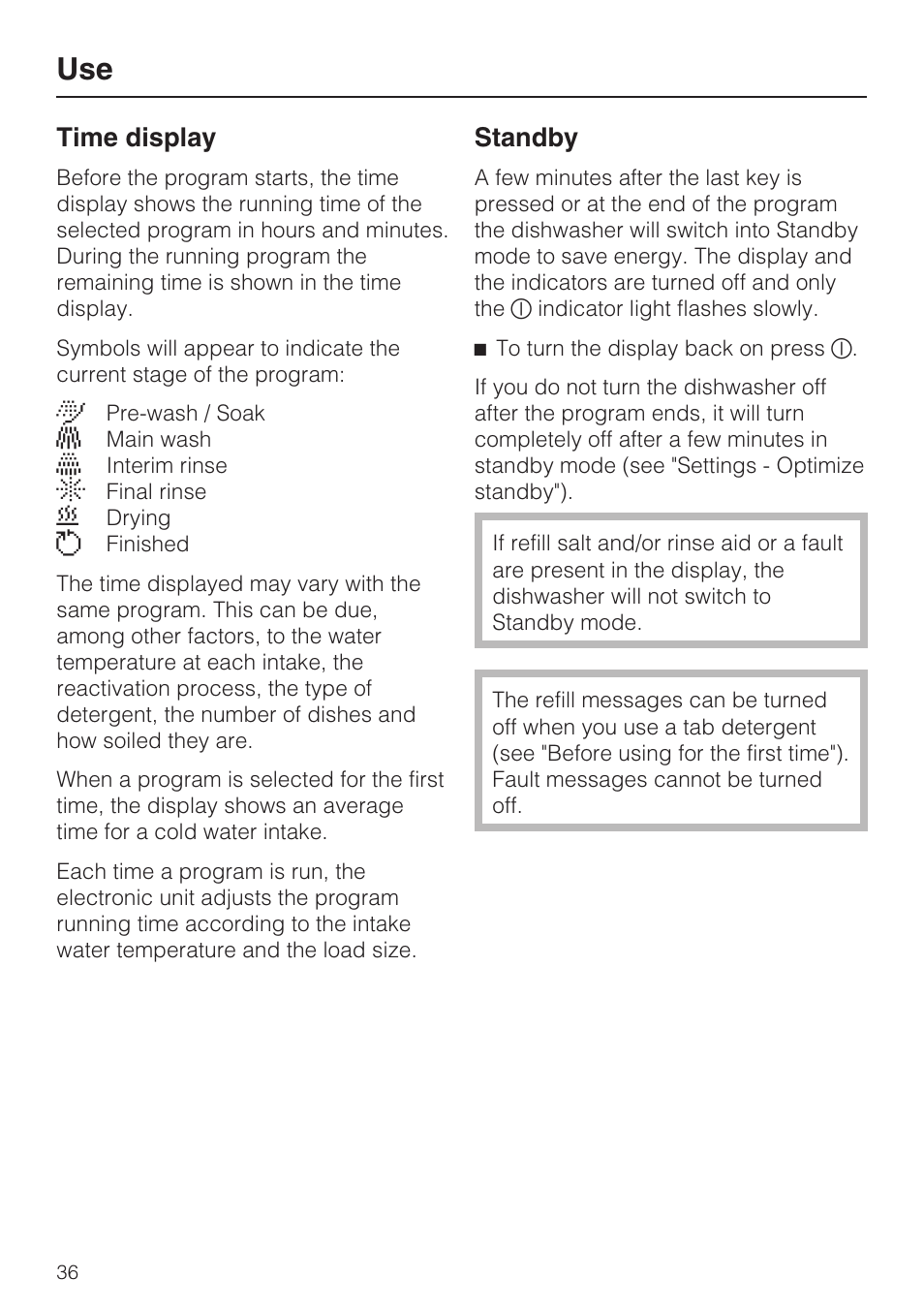 Use 36, Time display 36, Standby 36 | Time display, Standby | Miele G 5775 User Manual | Page 36 / 72